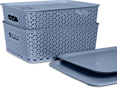KOLORR Plastic Premium Elite Baskets Medium with 2 Lids - Daiso Grey Storage Basket(Pack of 2)