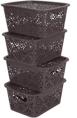 Cutting EDGE Plastic Unbreakable Plastic Turkish Baskets Medium with Lid (24 X 13 X 10cm) For Storage Storage Basket(Pack of 4)