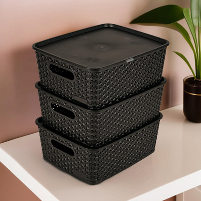 HOMESTIC Plastic 3 Pcs Multipurpose Plastic Storage Box with Lid | H5- Black Storage Basket(Pack of 3)