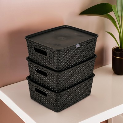 Heart Home Plastic 3 Pcs Multipurpose Plastic Storage Box with Lid | H3-Black Storage Basket(Pack of 3)