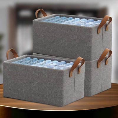 Bizbee Polyester Collapsible Wardrobe Clothe Organizer 26 Liter Rectangle Metal Frame with Handle Storage Basket(Pack of 3)