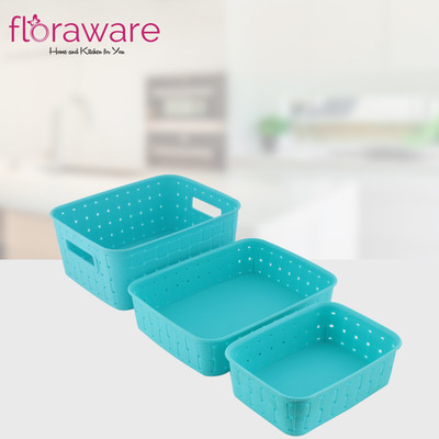 Floraware Plastic Woven Design Solitaire Versatile Side Handle Multipurpose Smart Basket set Storage Basket(Pack of 3)