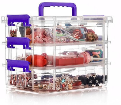 TEX-RO Plastic 3 Layer Transparent & Purple Color Multipurpose Stationary Organizer with Lid Storage Basket(Pack of 3)