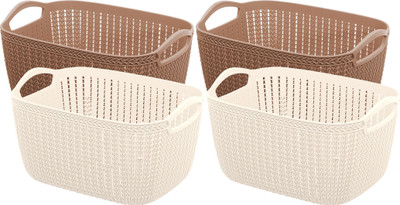 KUBER INDUSTRIES Plastic Unbreakable Plastic 4 Pieces Multipurpose Medium Size Flexible Storage Baskets / Fruit Vegetable Bathroom Stationary Home Basket with Handles (Brown & Cream) -CTKTC39097 Storage Basket(Pack of 4)