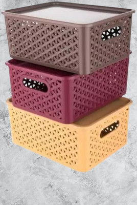 Glaciers Plastic 3 Pieces Small Size Multipurpose Solitaire Storage Basket with Lid (Multi) Storage Basket(Pack of 3)