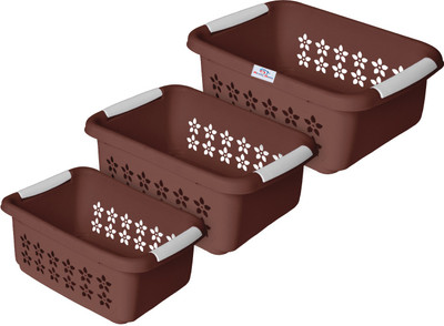 Heart Home Plastic Multipurpose Rectangle Shape Plastic Storage Basket Pack of 3 (Brown) Storage Basket(Pack of 3)