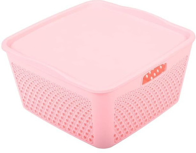 HOMESTIC Plastic Netted Design Square Shape Plastic Storage Baskets with lid Large (Pink) Storage Basket(Pack of 1)