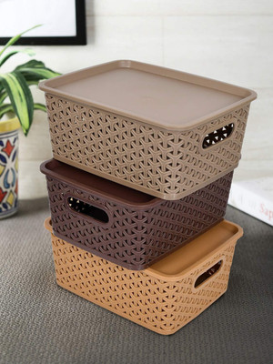 Lucanus Plastic 3 Pieces Medium Size Multipurpose Solitaire Storage Basket with Lid Storage Basket(Pack of 1)