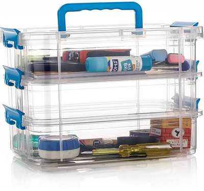 TEX-RO Plastic 3 Layer Transparent & Blue Color Multipurpose Stationary Organizer with Lid Storage Basket(Pack of 3)