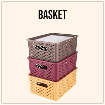 STREPTO Plastic Plastic 3 Pieces Medium Size Multipurpose Solitaire Storage Basket with Lid Storage Basket(Pack of 3)