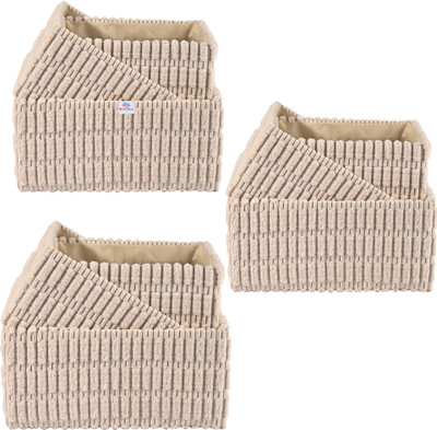 Heart Home Cotton Set of 9 Storage Basket with Handle | GM-28-BG | Rectangular Biege Color Storage Basket(Pack of 9)