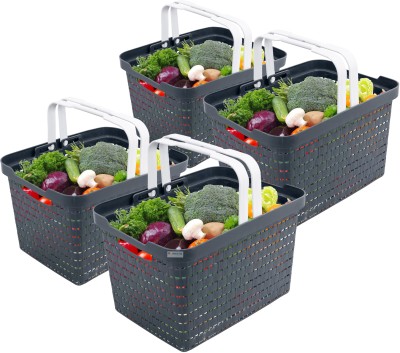 HOMESTIC Plastic Pack of 4 Plastic Storage Baskets with Foldable Handles | Medium | Dark Grey Storage Basket(Pack of 4)