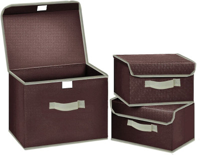 HOUSE OF QUIRK Polyester 3 Pack Foldable Storage Bin with Lid and Handle Storage Basket(Pack of 3)