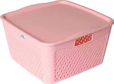 Heart Home Plastic Netted Design Unbreakable Square Shape Plastic Storage Baskets with lid(Pink) Storage Basket(Pack of 1)