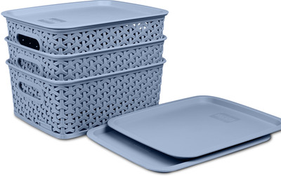 KOLORR Plastic Premium Elite Baskets Small with 3 Lids - Daiso Grey Storage Basket(Pack of 3)
