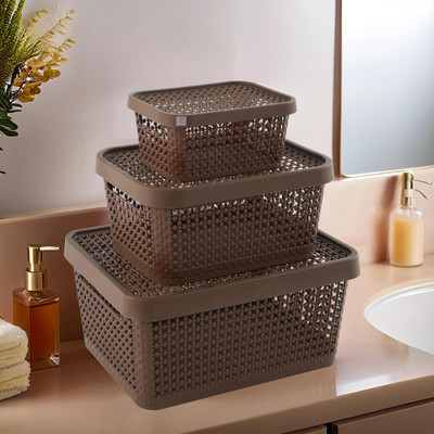 Heart Home Plastic Set of 3 Stackable Plastic Basket for Storage with Lid | Brown Storage Basket(Pack of 3)