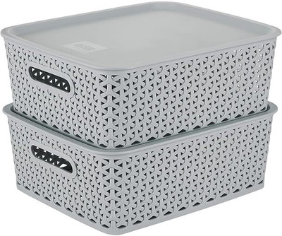KOLORR Plastic Premium Elite Baskets Medium with 2 Lids - Daiso Grey Storage Basket(Pack of 2)