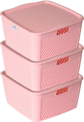Heart Home Plastic Netted Design|Square Shape Plastic Storage Baskets with lid Medium Packof 3(Pink Storage Basket(Pack of 3)