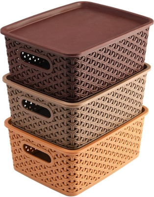 VMSH Plastic Comes with a perfectly fitting lid to keep contents dust-free. Storage Basket(Pack of 3)