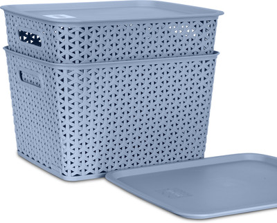 KOLORR Plastic Premium Elite Baskets Large with 2 Lids - Daiso Grey Storage Basket(Pack of 2)