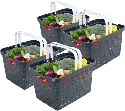 Heart Home Plastic Pack of 4 Plastic Storage Baskets with Foldable Handles | Medium | Dark Grey Storage Basket(Pack of 4)