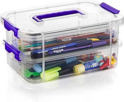 TEX-RO Plastic 2 Layer Transparent & Purple Color Multipurpose Stationary Organizer with Lid Storage Basket(Pack of 2)
