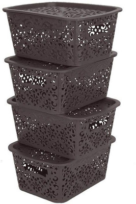 Cutting EDGE Polypropylene Pack of 4| Turkish Baskets Small with Lid (24 X 10 X 13 cm) Storage Basket(Pack of 4)