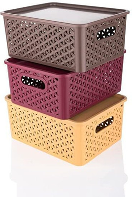 LATESTTREND Plastic Multipurpose Solitaire Storage Basket with Lid (Multicolor) Storage Basket(Pack of 3)