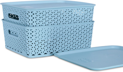 KOLORR Plastic Premium Elite Baskets Medium with 2 Lids - Mint Green Storage Basket(Pack of 2)