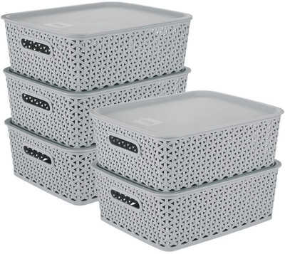 KOLORR Plastic Premium Elite Baskets Medium with 5 Lids - Daiso Grey Storage Basket(Pack of 5)