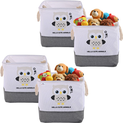 Heart Home Cotton, Jute Pack of 4 Drawer Storage Basket with Handle | GM-32-GRY | Owl Print - White Storage Basket(Pack of 4)