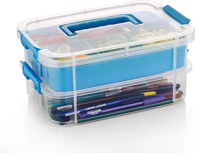 TEX-RO Plastic 2 Layer Transparent & Blue Color Multipurpose Stationary Organizer with Lid Storage Basket(Pack of 2)