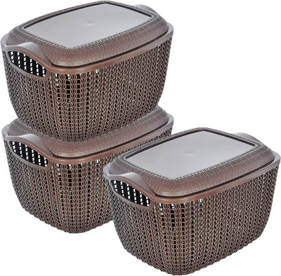 KUBER INDUSTRIES Plastic Multiuses Large M 30 Plastic Basket/Organizer With Lid- Pack of 3 (Brown) Storage Basket(Pack of 3)
