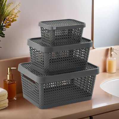 Heart Home Plastic Set of 3 Stackable Plastic Basket for Storage with Lid | Grey Storage Basket(Pack of 3)