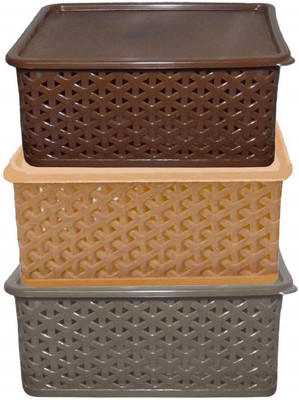 KUBER INDUSTRIES Plastic 3 Pieces Small Size Multipurpose Solitaire with Lid (Multi) Storage Basket(Pack of 3)