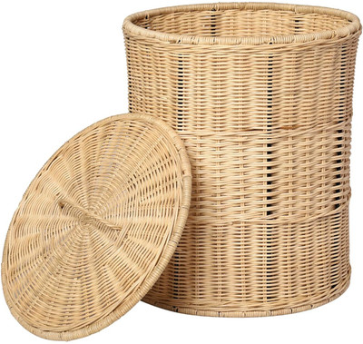 wudflex Wooden round laundry storage basket with lid,cane laundry basket Storage Basket(Pack of 1)