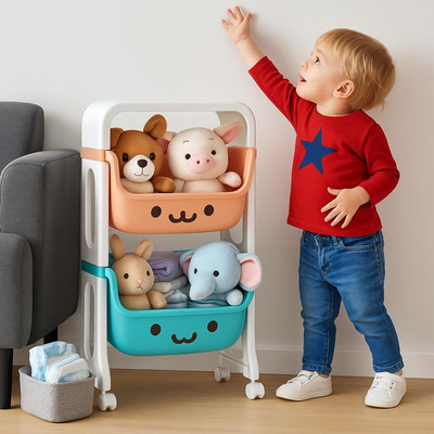 GUCHIGU Plastic Kids Toy Storage Rack with Wheels - Smiley Face Design Rolling Cart 2 Layer Storage Basket(Pack of 1)