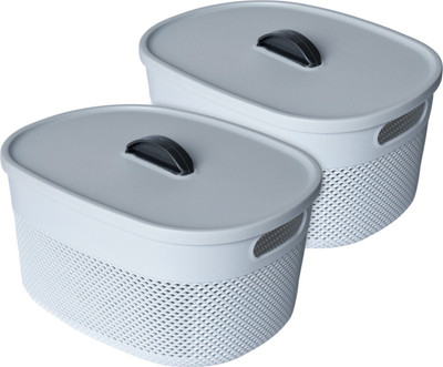 KUBER INDUSTRIES Plastic Unbreakable Small StorageBaskets with lid|Design-Netted|Shape-Oval|Grey|Packof 2 Storage Basket(Pack of 2)