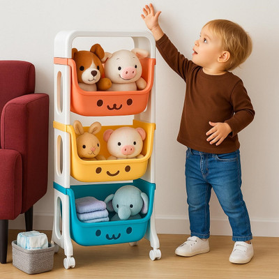 GUCHIGU Plastic Kids Toy Storage Rack with Wheels - Smiley Face Design Rolling Cart 3 Layer Storage Basket(Pack of 1)