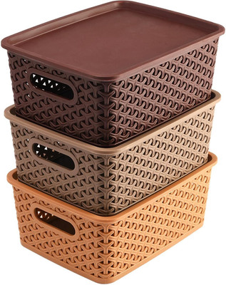 KUBER INDUSTRIES Plastic Plastic 3 Pieces Small Size Multipurpose Solitaire Storage Basket with Lid (Multi) Storage Basket(Pack of 3)