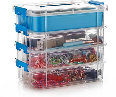 TEX-RO Plastic 4 Layer Transparent & Blue Color Multipurpose Stationary Organizer with Lid Storage Basket(Pack of 4)