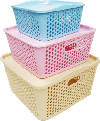 CSM Plastic Pack Of 3 Multipurpose Baskets With Lid Storage Basket(Pack of 3)