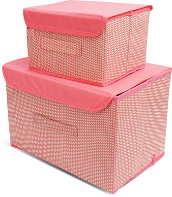 DIVINE Cotton Foldable Drawer Rectangular Storage Basket with Lid & Handle Closet Organizer Storage Basket(Pack of 2)