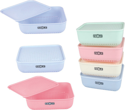 Nabhya Plastic Combo Of 4 Small Multipurpose Basket Storage With Lid Plastic for Home Kitchen Storage Basket(Pack of 4)