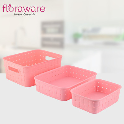 Floraware Plastic Woven Design Solitaire Versatile Side Handle Multipurpose Smart Basket set Storage Basket(Pack of 3)