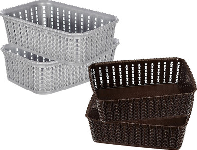 KUBER INDUSTRIES Plastic Multiuses Small M 15 Plastic Tray/Basket Without Lid- Pack of 4 (Grey & Brown) Storage Basket(Pack of 4)
