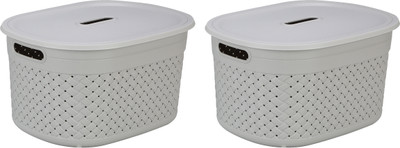 KOLORR Plastic Multipurpose Extra Large Pack of 2 Daiso Grey Stitch Baskets with Lid for Home Storage Basket(Pack of 2)