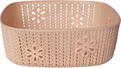 HOMESTIC Plastic Woven Design Square Shape Basket Ideal for Friuts, Pack of 3 (Light Brown) Storage Basket(Pack of 3)