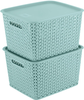 KOLORR Plastic Premium Elite Baskets Large with 2 Lids - Mint Green Storage Basket(Pack of 2)