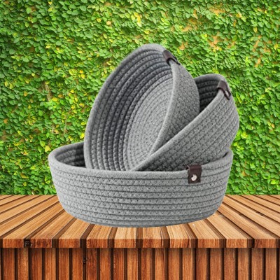 Ravio Craft Cotton, Jute Round_Bowl_3_Pc_Grey Storage Basket(Pack of 3)